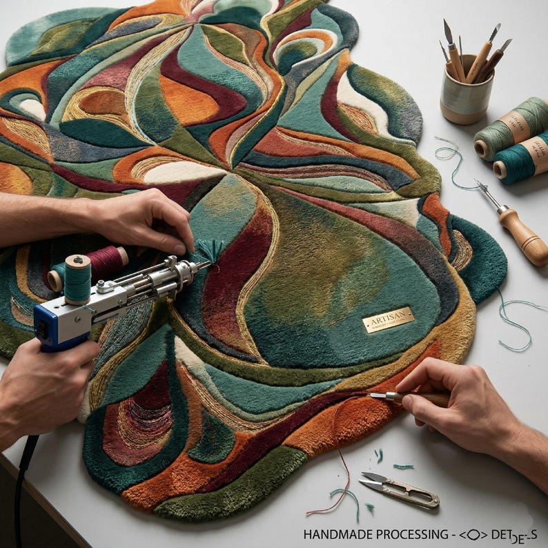 Contemporary abstract rug close view, green orange artistic carpet, handmade irregular area rug