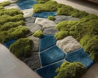 Luxury Moss Rug Handmade Tufted Green Blue Irregular Shape Soft Area Carpet Decor