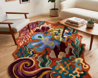 Colorful Abstract Rug Unique Shape Modern Boho Handmade Tufted Area Rug Decor