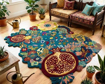 Colorful Tufted Botanical Rug Handmade Floral Art Carpet Unique Boho Living Room Decor Gift