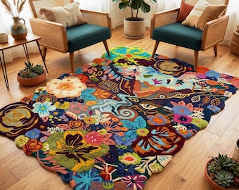 Handmade Colorful Floral Rug Irregular Shape Boho Wool Carpet Modern Art Area Rug Decor