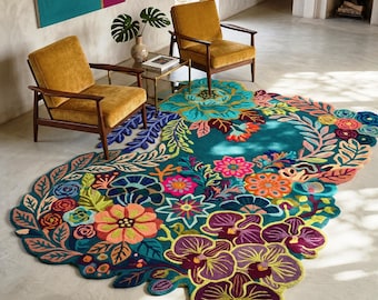 Colorful Floral Rug Handmade Tufted Boho Area Rug Large Modern Living Room Carpet Decor
