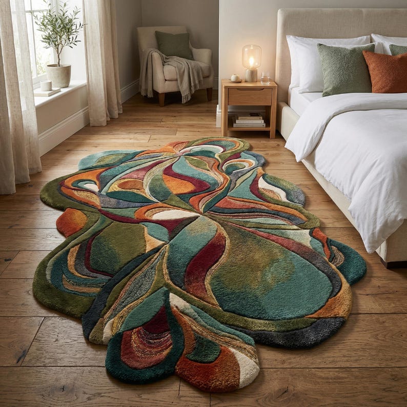 Large abstract rug in bedroom, irregular modern carpet, cozy luxury handmade wool rug decor