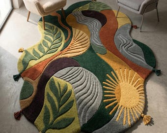 Abstract Boho Area Rug: Irregular Shape Tufted Living Room Carpet – Modern Floor Mat