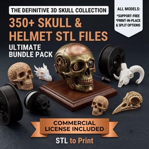 May include: A digital collection of 350+ skull and helmet STL files for 3D printing. The image displays a metallic steampunk-style skull, various ornate skull models, two black filament spools, and text including THE DEFINITIVE 3D SKULL COLLECTION.