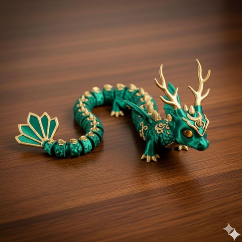 Pu&ograve; includere: Statuetta di drago verde smeraldo con dettagli dorati. Il drago presenta squame, ali e corna dettagliate. La coda &egrave; a ventaglio. La statuetta &egrave; posizionata su una superficie di legno.