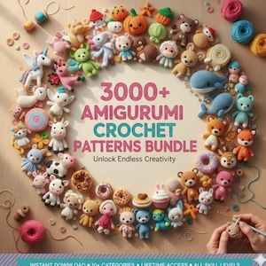 Puede incluir: Una colección de figuras de amigurumi de ganchillo coloridas, incluyendo animales, comida y criaturas fantásticas, dispuestas alrededor del texto "3000+ AMIGURUMI CROCHET PATTERNS BUNDLE". La imagen también incluye hilo, botones y ganchos.