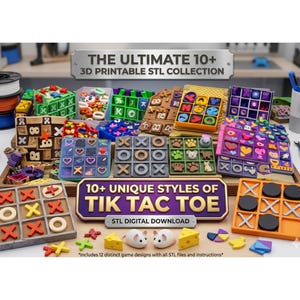 Pode incluir: Uma coleção de arquivos STL imprimíveis em 3D com vários estilos de jogos de Tic Tac Toe. A imagem mostra vários tabuleiros coloridos com diferentes designs, incluindo corações, pegadas e os clássicos X e O. O texto diz "THE ULTIMATE 10+ 3D PRINTABLE STL COLLECTION".