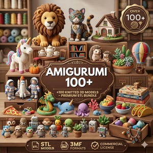 May include: A collection of over 100 knitted 3D amigurumi models, including a lion, cat, unicorn, house, hedgehog, astronaut, dragon, and more. The models are displayed on a wooden shelf with the text "AMIGURUMI 100+".