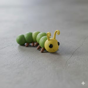 Pu&ograve; includere: Una figurina di bruco fatta a mano. Il bruco presenta una testa gialla con antenne ricciute e occhi neri, che conduce a un corpo verde segmentato. Le zampe marroni sostengono la creatura, su uno sfondo grigio neutro. Questo affascinante pezzo &egrave; probabilmente un oggetto decorativo.