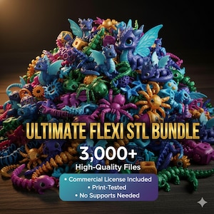 Pu&ograve; includere: Un assortimento colorato di giocattoli flexi stampati in 3D, tra cui draghi, ragni e altre creature. L'immagine presenta il testo "ULTIMATE FLEXI STL BUNDLE" e "3,000+ High-Quality Files". Ulteriore testo indica una licenza commerciale, file testati per la stampa e nessun supporto necessario.