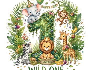 Wild One Safari Birthday Clipart - Zwierzęta z dżungli w formacie PNG na koszulki urodzinowe, dekoracje imprezowe i sublimację - Do użytku komercyjnego - Pobierz natychmiast