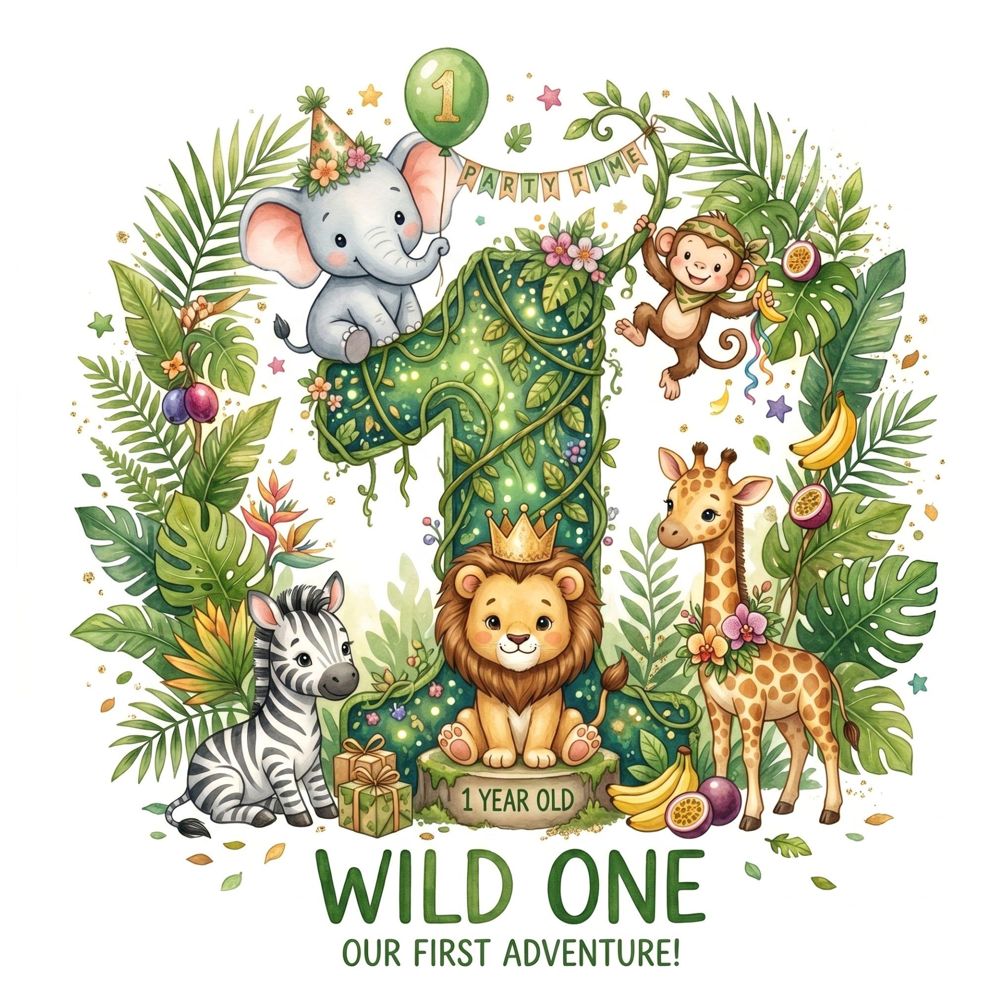 Wild One Safari Birthday Clipart - Jungle Animal PNG for First Birthday ...