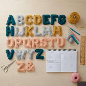 Może przedstawiać: Kolekcja szydełkowych liter alfabetu w różnych kolorach, w tym turkusowym, żółtym, szarym i brzoskwiniowym. Litery ułożone są na jasnej drewnianej powierzchni, wraz z szydełkami, przędzą, linijką, nożyczkami i notatnikiem z diagramami.
