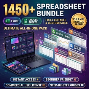 May include: A digital product bundle titled 1450+ SPREADSHEET BUNDLE ULTIMATE ALL-IN-ONE PACK featuring Excel and Google Sheets compatibility. The image displays a laptop and tablet showing data dashboards, floating document windows, and file folders.