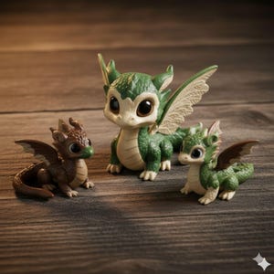 Pu&ograve; includere: Tre figurine di draghi in miniatura, nei toni del verde e del marrone, sono disposte su una superficie di legno. I draghi hanno grandi occhi e ali dettagliate. Il drago centrale &egrave; pi&ugrave; grande, con le ali spiegate, mentre gli altri sono pi&ugrave; piccoli.