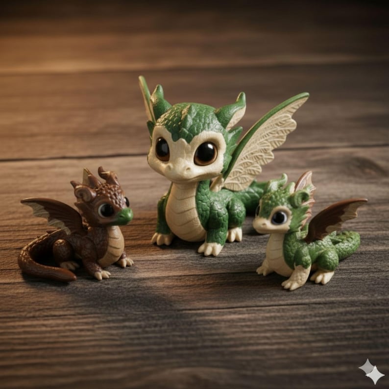 Pu&ograve; includere: Tre figurine di draghi in miniatura, nei toni del verde e del marrone, sono disposte su una superficie di legno. I draghi hanno grandi occhi e ali dettagliate. Il drago centrale &egrave; pi&ugrave; grande, con le ali spiegate, mentre gli altri sono pi&ugrave; piccoli.
