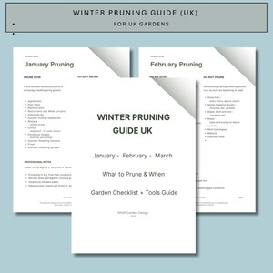 Op de afbeelding: Een tuingids getiteld "Winter Pruning Guide UK" voor Britse tuinen. Het geeft snoeiadvies voor januari en februari, met lijsten van planten die gesnoeid moeten worden en te vermijden. Bevat een tuinchecklist en een gereedschapsgids.