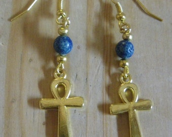 Anhk and lapis lazuli earrings gold toned Egyptian