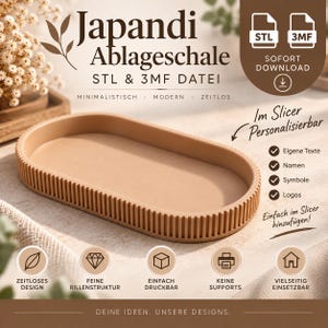 Può includere: Un vassoio di forma ovale con una parete esterna scanalata in un colore beige solido. L'immagine include il testo Japandi Ablageschale, STL & 3MF DATEI, SOFORT DOWNLOAD, Im Slicer Personalisierbar, Eigene Texte, Namen, Symbole, Logos, Einfach im Slicer hinzufügen.