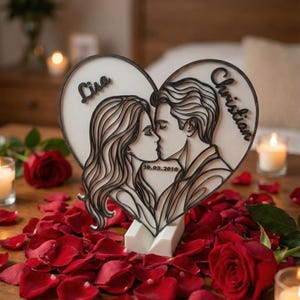 Puede incluir: Una escultura de madera en forma de coraz&oacute;n que representa a una pareja bes&aacute;ndose, con los nombres "Lisa" y "Christian" y la fecha "19.03.2010" inscritos. La escultura est&aacute; sobre una base blanca, rodeada de p&eacute;talos de rosas rojas y velas.