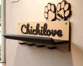 Personalized dog wardrobe with name | Wall-mounted leash holder | Dog organizer gift for dog owners | 3D printed paw print design