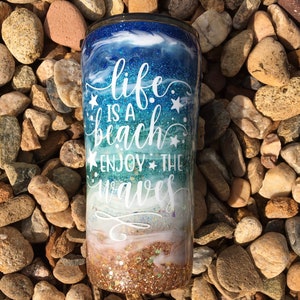 Ocean Glitter Tumbler, Beach Waves Tumbler, Insulated Cup with straw, Personalized Resin Tumbler