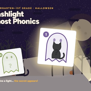 Op de afbeelding: Educatieve activiteitenkaarten getiteld Flashlight Ghost Phonics voor de kleuterschool en groep 3. De kaarten tonen spookomtrekken met cijfers en verborgen afbeeldingen die worden onthuld door een zaklamp. Tekst: Shine a light... the secret appears!