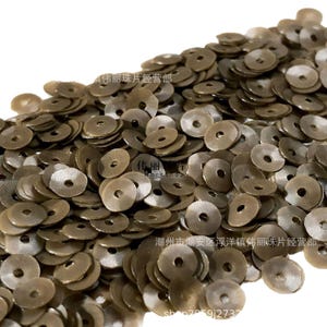 May include: A pile of bronze-colored, circular sequins with a hole in the center. The sequins are scattered, creating a textured surface. Text in Chinese characters is visible in the background.