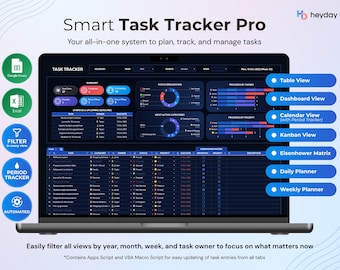 Task Tracker Spreadsheet for Google Sheets and Excel Daily Task Management Project Planner Eisenhower Matrix Kanban Board Dark Mode