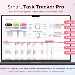 Puede incluir: Una pantalla de portátil que muestra una aplicación de gestión de tareas. La interfaz presenta un resumen, un desglose del estado y vistas de progreso. Etiquetas rosas y blancas resaltan funciones como Vista de tabla, Vista de panel y Vista de calendario. El texto dice "Smart Task Tracker Pro."