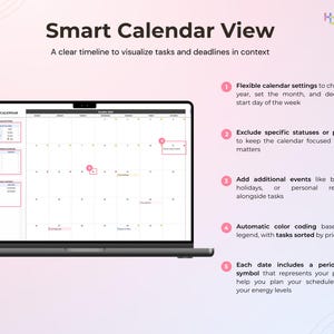 May include: A laptop screen shows a smart calendar view, presenting a clear timeline for tasks and deadlines. Features include flexible calendar settings, status exclusion, event additions, colour coding, and period cycle symbols.