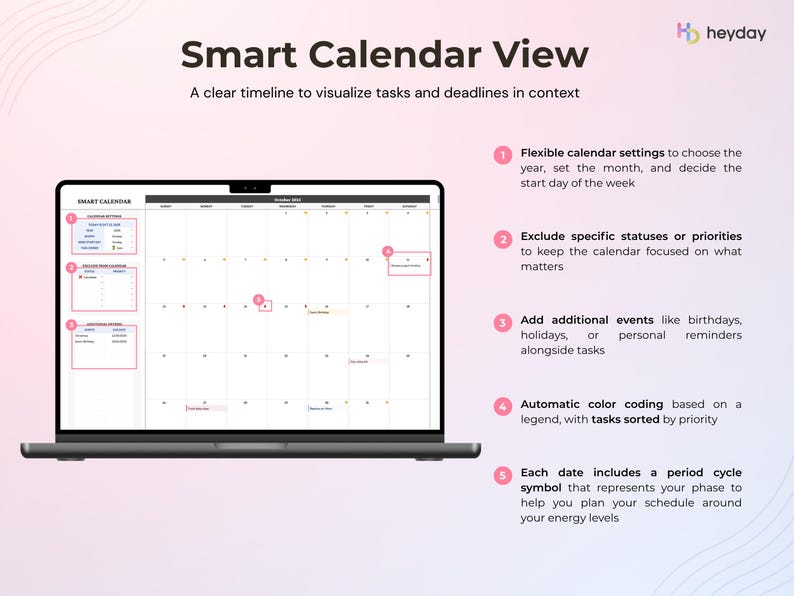 May include: A laptop screen shows a smart calendar view, presenting a clear timeline for tasks and deadlines. Features include flexible calendar settings, status exclusion, event additions, colour coding, and period cycle symbols.