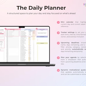 May include: A laptop screen shows "The Daily Planner" interface. The interface includes a mini calendar, tracker settings, upcoming deadlines, agenda planning, and a motivational quote section. The screen is set against a pink and white gradient background.