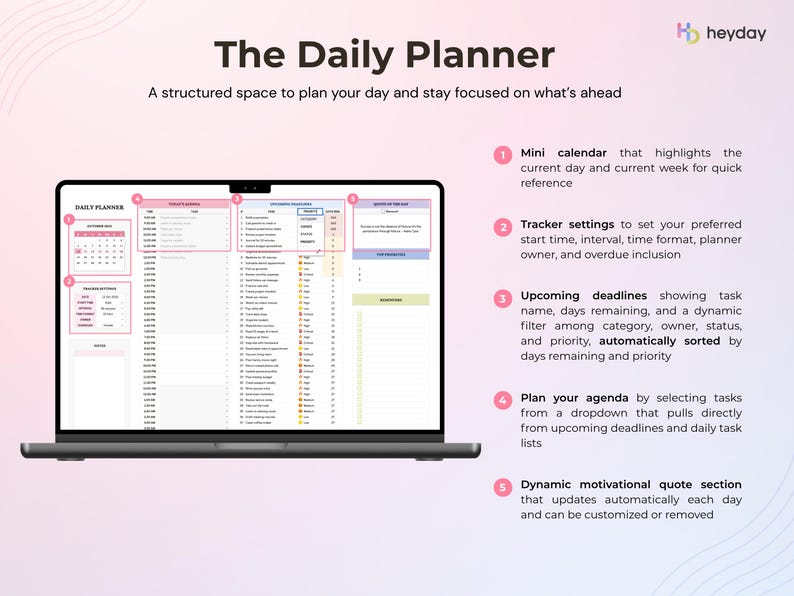 May include: A laptop screen shows "The Daily Planner" interface. The interface includes a mini calendar, tracker settings, upcoming deadlines, agenda planning, and a motivational quote section. The screen is set against a pink and white gradient background.