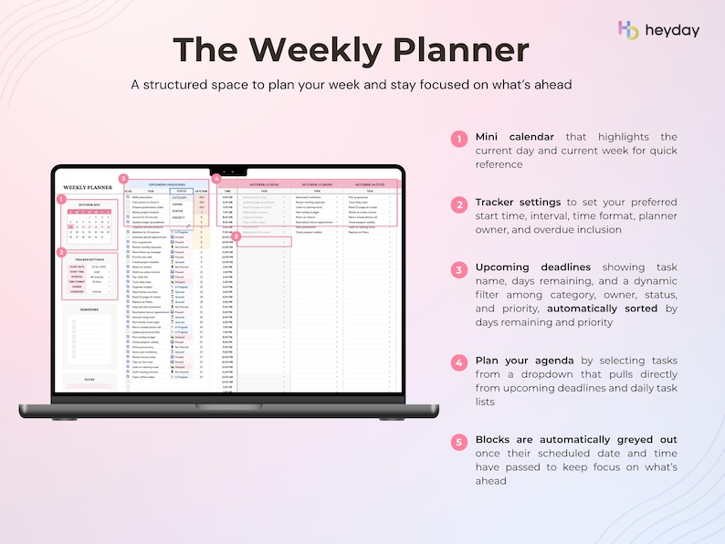 May include: A laptop screen shows a digital weekly planner in pink and white. The planner features a mini calendar, tracker settings, upcoming deadlines, and agenda planning tools. The text "The Weekly Planner" is displayed at the top of the screen.