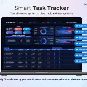 May include: A laptop screen displaying a task management application with a dark blue interface. The screen shows various views, including Table, Dashboard, Calendar, Kanban, Eisenhower Matrix, Daily, and Weekly Planner. The text "Smart Task Tracker" is at the top.