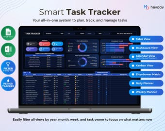 Task Tracker Spreadsheet for Google Sheets and Excel Daily Task Management Project Planner Eisenhower Matrix Kanban Board Dark Mode