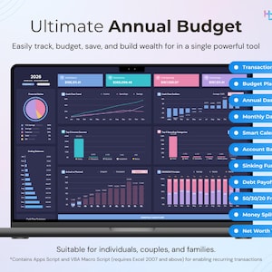 May include: A laptop screen displays the "Ultimate Annual Budget" interface. The screen shows financial data visualizations, charts, and graphs. Features include a transactions tracker, budget planner, and net worth tracker. The software is suitable for individuals, couples, and families.
