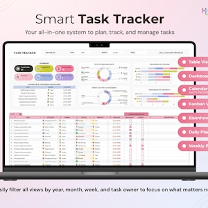 May include: A laptop screen displaying a "Smart Task Tracker" interface. The interface includes a summary, status breakdown, and progress views. Pink buttons on the right side indicate different views: Table, Dashboard, Calendar, Kanban, Eisenhower Matrix, Daily, and Weekly Planner.