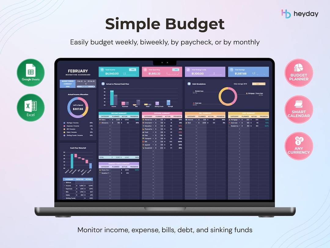 Simple Budget Planner Spreadsheet Google Sheets Excel Dark Mode Budget ...