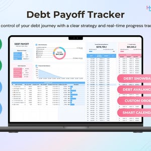 Könnte beinhalten: Ein Laptop zeigt einen Schulden-Tilgungs-Tracker mit Finanzdaten, Diagrammen und Optionen zur Schuldenverwaltung. Der Bildschirm zeigt "Debt Payoff Tracker" und "Take control of your debt journey". Funktionen sind "Debt Snowball" und "Debt Avalanche".