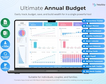 Ultimate Annual Budget Planner Spreadsheet Google Sheets Excel Budget Tracker Finance Monthly Expense Family and Household Bill Tracker
