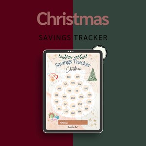 Könnte beinhalten: Ein digitaler Weihnachtsspar-Tracker auf einem Tablet. Das Design zeigt festliche Illustrationen einer Tasse, eines Weihnachtsbaums und eines Geschenks. Der Text "Christmas Savings Tracker" ist sichtbar.