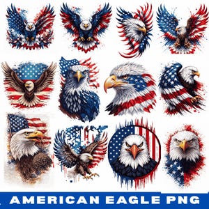 May include: A collection of digitally created images of bald eagles, each with a patriotic theme. The eagles are depicted in various poses, with wings spread and in flight, and are colored in red, white, and blue, with stars and stripes.