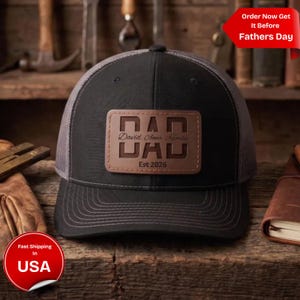 Custom Dad Leather Patch Hat, Personalized Dad Trucker Hat, Engraved Snapback Cap, Father's Day Gift for Dad, Custom Kids Name Hat