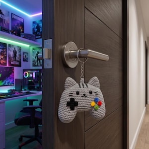 May include: A gray crochet keychain shaped like a video game controller with a cat face. The controller has a black cross, and colorful buttons. It hangs from a silver door handle on a dark brown door.