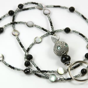 GRAY DUST - Beaded Badge Holder, Beaded Lanyard, Gray Lanyard, Gray and Black Badge holder