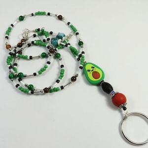 AVOCADO beaded badge holder, avocado badge holder, green fruit badge holder, green brown badge holder, beaded lanyard