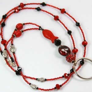 RED FISH - Beaded badge holder, Beaded Lanyard, Red Lanyard, Black Badge Holder